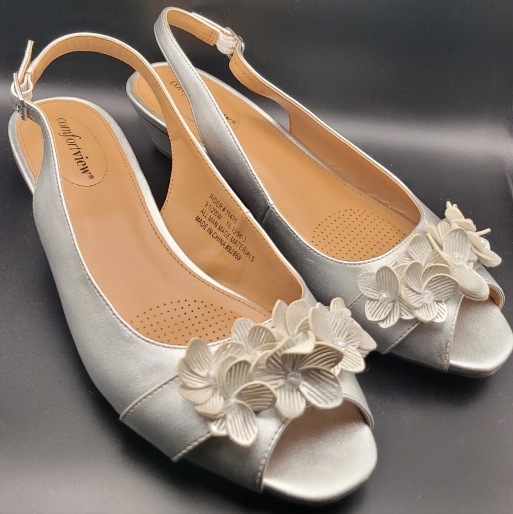Comfortview The Rider Slingback Sandals Silver Womens 9.5WW Floral Embellishment - Picture 4 of 11